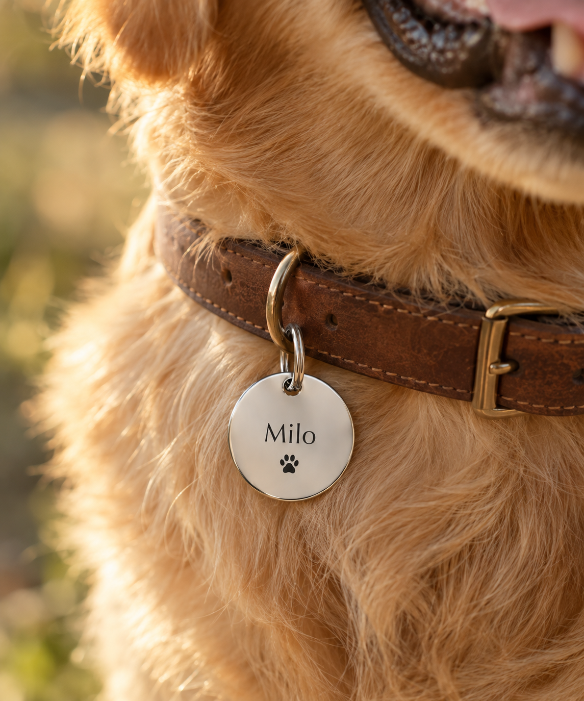 Médaille ronde gravée au prénom Milo, accrochée au collier d'un golden retriever