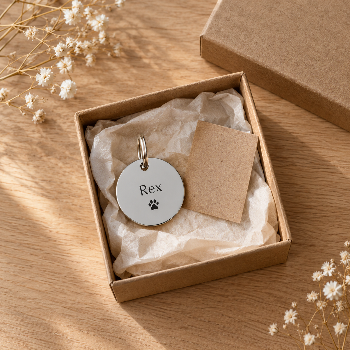 Médaille ronde gravée au prénom Rex, livrée dans son écrin kraft avec une carte